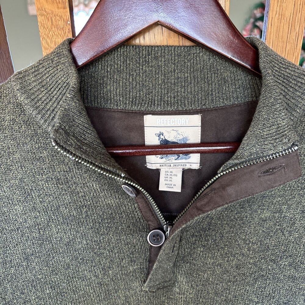 Refectory British Inspired Henley Sweater Zipper/Buttons Men XL  GREEN Vintage